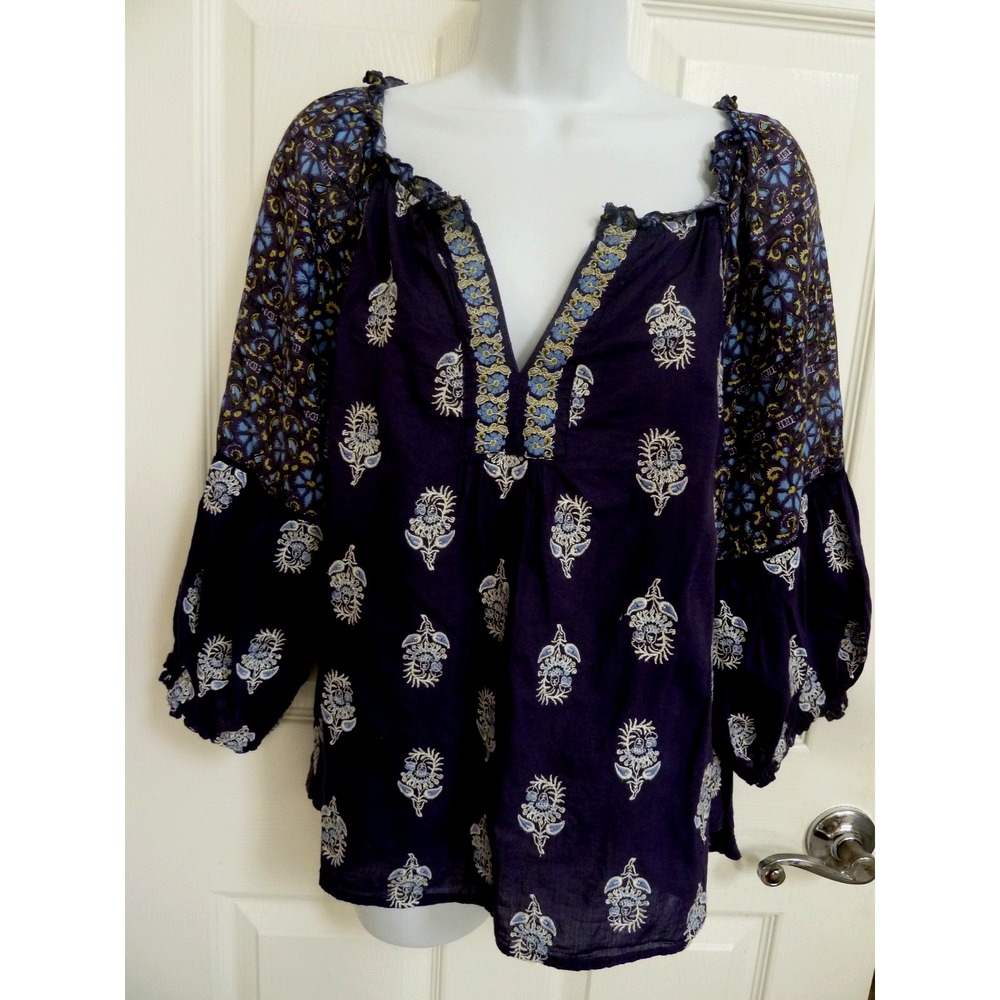 Sundance Women Petite Medium Boho Embroidered Peasant Blouse Balloon Sleeve Blue